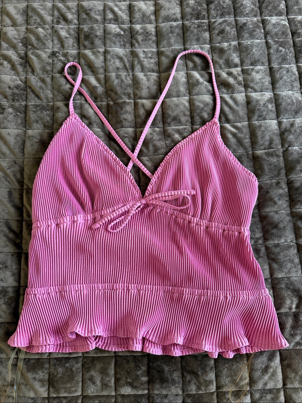 Pink Ribbed V-Neck Spaghetti Strap Tank Top